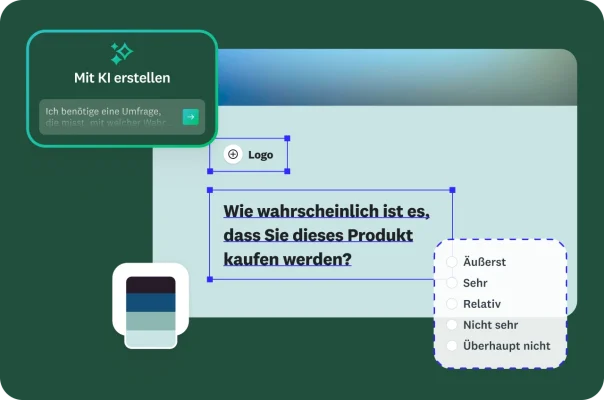 Eine Benutzeroberfläche zum Erstellen von Befragungen mit KI. In einem Textfeld wird vorgeschlagen, eine Umfrage zu erstellen, um zu messen, wie wahrscheinlich es ist, dass Kund:innen ein Produkt kaufen. Das Umfrageformular enthält die Frage „Wie wahrscheinlich ist es, dass Sie dieses Produkt kaufen?“ und eine Fünf-Punkte-Skala.