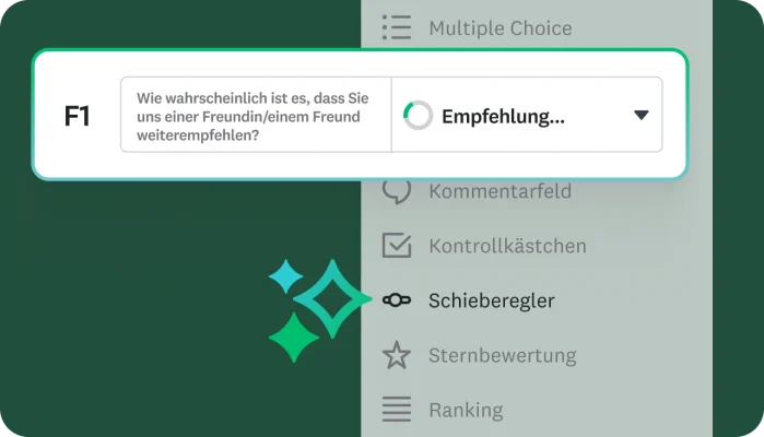 Eine Umfrage mit der Frage: „Wie wahrscheinlich ist es, dass Sie uns einer Freundin oder einem Freund weiterempfehlen?“ Ein Menü an der Seite zeigt verschiedene Fragetypen wie „Multiple Choice“, „Kontrollkästchen“ und „Schieberegler“. Eine Ladeanimation „Empfehlung...“ ist sichtbar.
