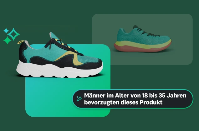 Eine Grafik, die zwei Varianten eines Laufschuhs zeigt. In einem Textfeld steht „Männer im Alter von 18 bis 35 Jahren bevorzugten dieses Produkt“, womit auf einen demografischen Faktor hingewiesen wird.