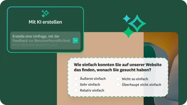 Abbildung einer Benutzeroberfläche zur Umfrageerstellung mit dem Titel „Mit KI erstellen“ Eine Beispielanfrage ist sichtbar: „Erstelle eine Umfrage, mit der Feedback zur Benutzerfreundlichkeit einer Website eingeholt wird.“ Eine Beispielfrage der Befragung lautet: „Wie einfach konnten Sie auf unserer Website das finden, wonach Sie gesucht haben?“
