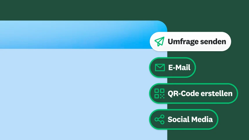 Menü mit Optionen für das Senden einer Umfrage, entweder per E-Mail, über die Erstellung eines QR-Codes oder über die sozialen Medien.