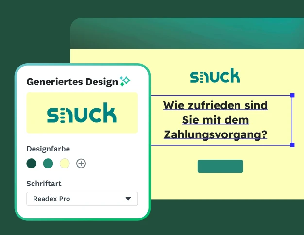 Screen einer Umfrageerstellung mit einem Design, das anhand des Snuck-Logos automatisch generiert wurde. Dazu Optionen für die Auswahl von Farbe und Schrift