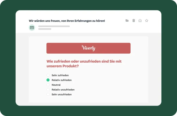 Eine E-Mail mit einer Umfrage zur Kundenzufriedenheit von „Viverly“. Die Frage lautet: „Wie zufrieden oder unzufrieden sind Sie mit unserem Produkt?“ und hat eine Fünf-Punkte-Skala.