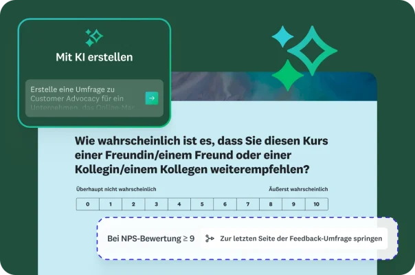NPS-Frage mit Verzweigungslogik sowie eine KI-Anfrage zur Erstellung einer Befragung zur Customer Advocacy