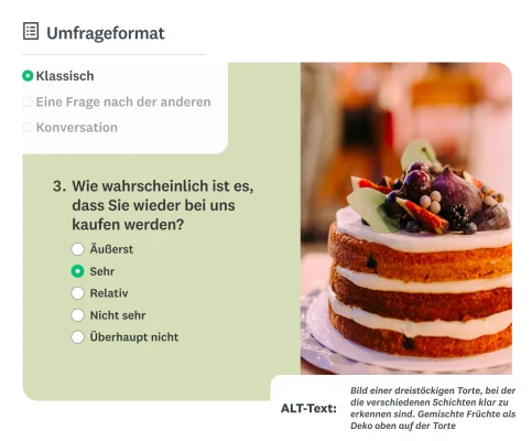 Screen einer Umfrage mit Foto von einem Kuchen und dem dazugehörigen ALT-Text. Daneben Optionen für das Umfrageformat (Klassisch, Eine Frage nach der anderen, Konversation)