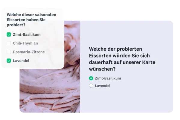 Umfrage mit Piping-Logik. Die ausgewählten saisonalen Eissorten (Zimt-Basilikum, Lavendel) werden in die Follow-up-Frage übernommen.