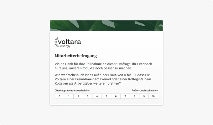 eNPS-Frage, in der danach gefragt wird, wie wahrscheinlich es ist, dass die Befragten die Firma als guten Arbeitgeber weiterempfehlen würden