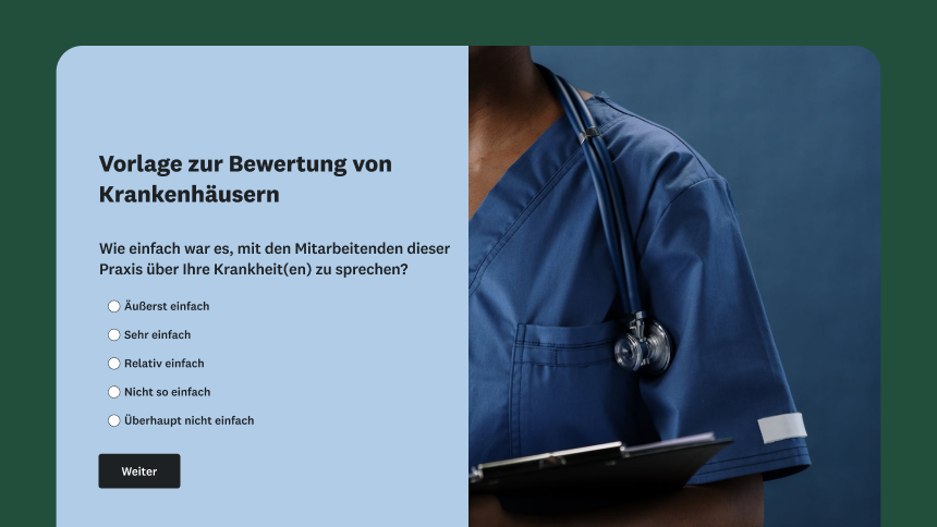 Eine „Vorlage zur Bewertung von Krankenhäusern“ mit einer Frage dazu, wie einfach es war, mit den Mitarbeitenden zu sprechen. Eine medizinische Fachkraft in OP-Bekleidung mit einem Stethoskop und einem Klemmbrett in der Hand ist im Hintergrund abgebildet.