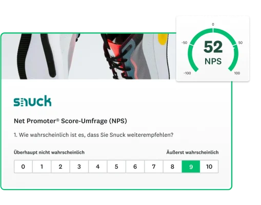 Screenshot einer Net Promoter® Score-Frage, daneben der NPS-Gesamtwert von 52