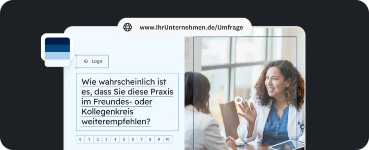 Ein Umfrageformular mit der Frage „Wie wahrscheinlich ist es, dass Sie diese Praxis im Freundes- oder Kollegenkreis weiterempfehlen?“ ist über einem Foto einer Ärztin im Gespräch mit einer Patientin dargestellt.