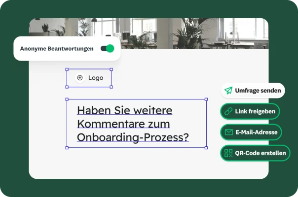 Ein Bildschirm zur Erstellung von Onboarding-Umfragen mit Optionen zum Versenden, Freigeben und Anonymisieren von Beantwortungen.