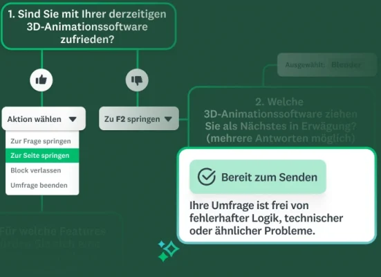 Vereinfachte Flowchart-Ansicht einer Umfragelogik. Herausgehoben sind die Aktion „Zur Seite springen“ eines Dropdown-Menüs und die Bestätigung „Bereit zum Senden“.