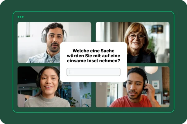 Screenshot einer Videokonferenz mit vier Personen. In einem Popup-Fenster wird gefragt: „Welche eine Sache würden Sie mit auf eine einsame Insel nehmen?“