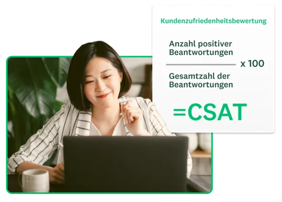 Frau, die an einem Laptop arbeitet, und daneben ein Screenshot einer CSAT-Formel.