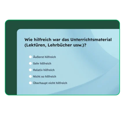 Umfragefeld mit der Frage, wie hilfreich das Unterrichtsmaterial (Lektüren, Lehrbücher usw.) war.