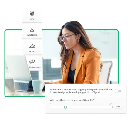 Forscherin am Laptop beantwortet Fragen zu ihrer idealen Zielgruppe, um geeignete Umfrageteilnehmer zu finden.