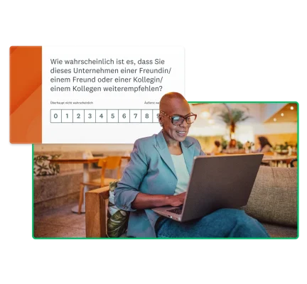 Frau, die eine NPS-Umfrage auf einem Laptop beantwortet