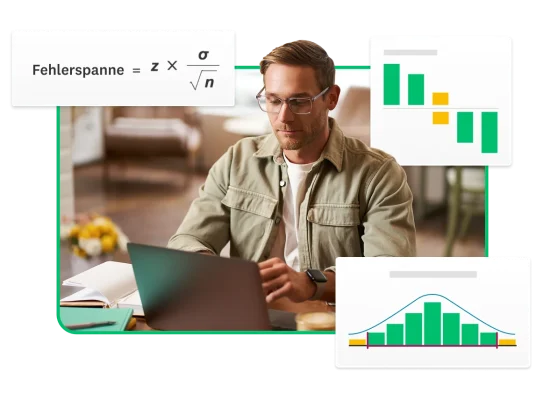 Mann mit Brille, der am Computer arbeitet. Im Hintergrund ist die Formel zur Berechnung der Fehlerspanne und zwei Grafiken mit Säulendiagrammen zu sehen.