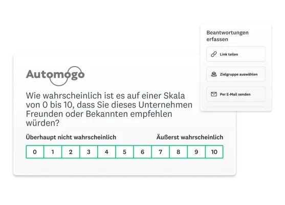 Ein Produkt-Screenshot einer NPS-Umfrage und Möglichkeiten zum Versenden.