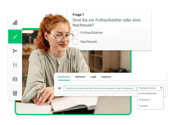 Frau mit einem Notizbuch, daneben sind zwei Multiple-Choice-Fragen eingeblendet. Die erste Frage lautet: Sind Sie ein Frühaufsteher oder eine Nachteule? Die zweite Frage zeigt einen Umfrage-Editor mit Optionen zum Ändern der Frage in eine Frage mit Kontrollkästchen, Dropdown oder Textfeld.