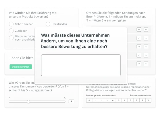Produkt-Screenshots mit verschiedenen Fragetypen für Umfragen