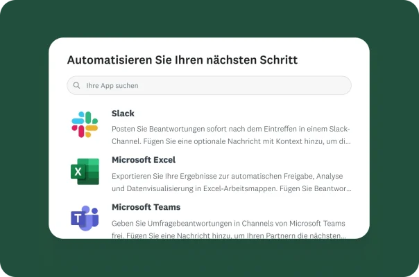 Menü mit Optionen für die automatische Integration von Umfragebeantwortungen in Slack, Microsoft Excel und Microsoft Teams