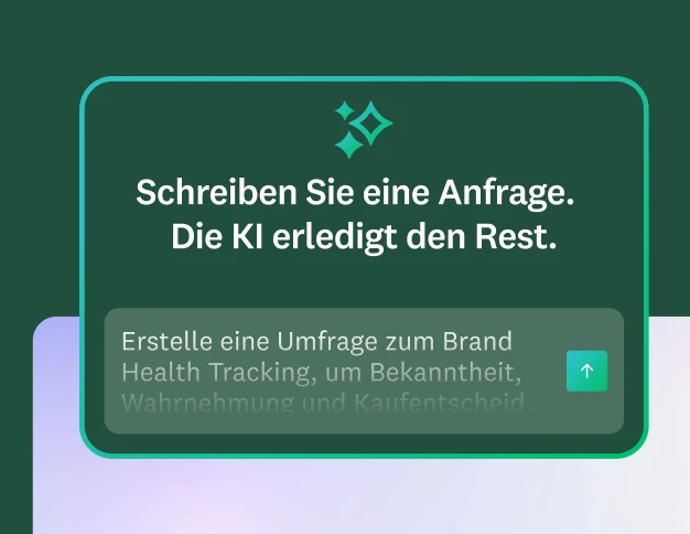 Screen mit einer KI-Anfrage und dem Text „Schreiben Sie eine Anfrage. Die KI erledigt den Rest.“ sowie eine Musteranfrage zum Erstellen einer Umfrage zum Brand Health Tracking