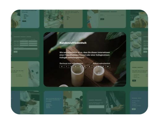 Ein Raster mit Bildern mit einer Detailaufnahme einer Umfrage zur Kundenzufriedenheit mithilfe einer NPS-Skala.