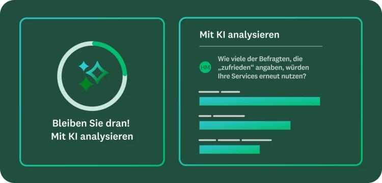 Eine kreisförmige Grafik für „Mit KI analysieren“, die sich aufbaut. Daneben eine Anfrage an die KI zum Verhalten der Befragten.