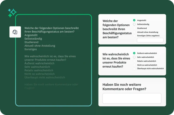 Ein Bildschirm mit mehreren Fragen in Rohform auf der linken Seite. Auf der rechten Seite stehen interaktive Fragen als Ergebnis der automatischen Formatierung durch die Plattform.