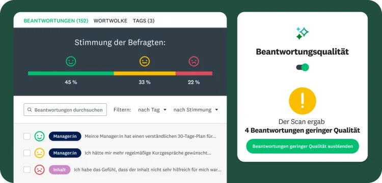 Ein Dashboard mit einer Stimmungsanalyse der Beantwortungen und ein Feature, das auf Beantwortungen mit geringer Qualität hinweist