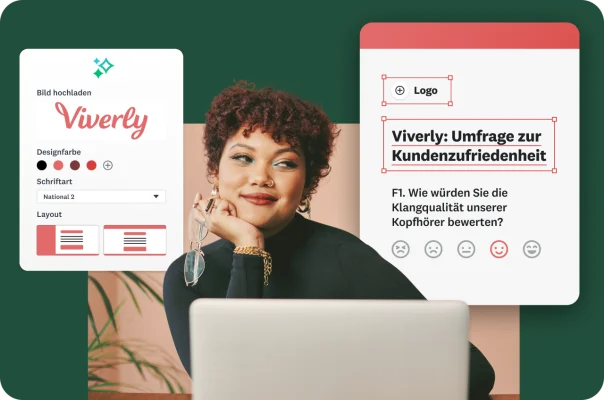 Lächelnde Frau an einem Laptop. Dazu Overlays mit Optionen für das Layout und den Stil der Umfrage: Hochladen eines Logos, Wahl der Designfarbe und Bearbeitung einer Viverly-Umfrage zur Kundenzufriedenheit.