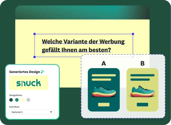 Die Oberfläche für eine Marketing-Umfrage für eine Schuhfirma namens „Snuck“. Eine Frage lautet: „Welche Variante der Werbung gefällt Ihnen am besten?“, und es wird eine Gegenüberstellung von Werbung A und Werbung B angezeigt. Ein Design-Panel auf der linken Seite zeigt Optionen zur Anpassung von Design, Schriftart und Layout.