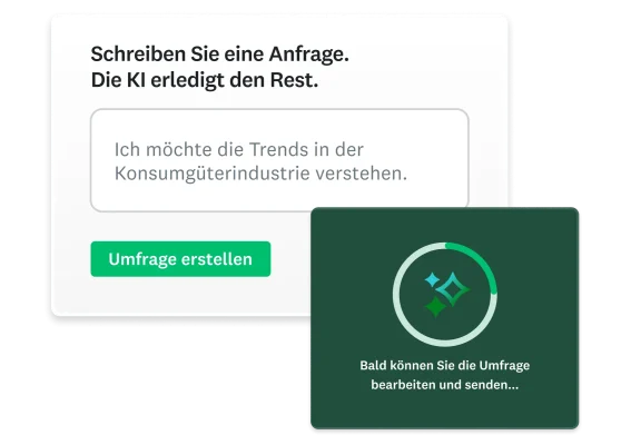 Screenshot des Features „Mit KI erstellen“ von SurveyMonkey, mit dem die Nutzenden eine Anfrage schreiben können, um daraus eine Umfrage zu generieren