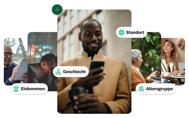 Fotos von verschiedenen Personen, die auf ihre Telefone schauen, mit Beschriftungen für Einkommen, Geschlecht, Standort und Altersgruppe