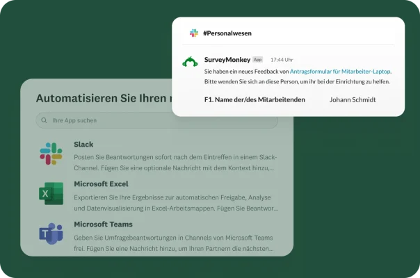 Slack-Benachrichtigung von SurveyMonkey, die besagt, dass eine neue Anfrage über das Antragsformular für einen Mitarbeiter-Laptop hereingekommen ist