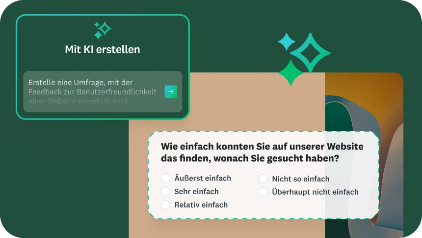 Abbildung der Benutzeroberfläche mit dem Feature „Mit KI erstellen“. Eine Beispielanfrage ist sichtbar. Darunter eine weitere Beispielfrage zum Thema Benutzerfreundlichkeit einer Website hinsichtlich Suche mit Antwortliste.
