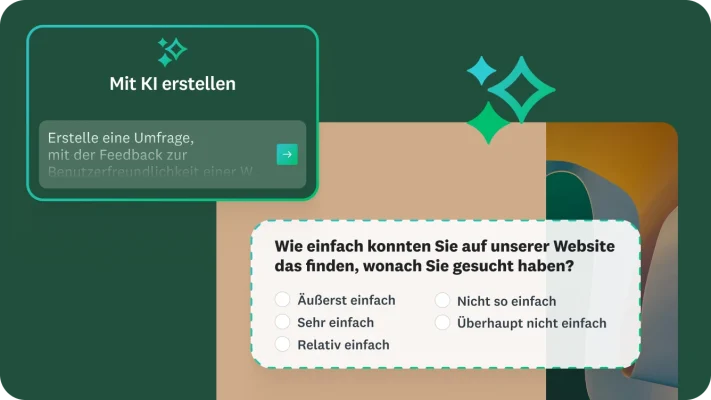 Anfrage des Features „Mit KI erstellen“, die besagt, dass eine Befragung erstellt werden soll, um Feedback zu den Benutzererfahrungen auf einer Website zu erfassen, daneben die Frage, wie einfach es war, das Gesuchte auf der Website zu finden