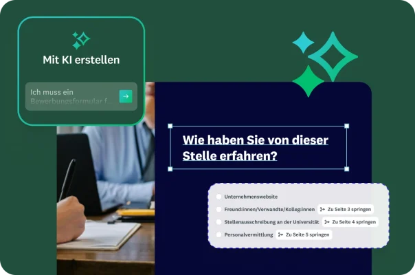 Eine Person füllt ein Formular aus. Eine KI-Anfrage ist sichtbar, und eine Beispielformularfrage mit Multiple-Choice-Antworten lautet: „Wie haben Sie von dieser Position erfahren?“