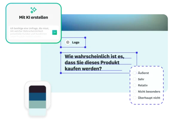 Das Feature „Mit KI erstellen“ mit der folgenden Anfrage:„ Ich benötige eine Umfrage, die misst, mit welcher Wahrscheinlichkeit potentielle Kunden und Kundinnen unser Produkt kaufen würden.“ Daneben eine Frage, die Leser bittet anzugeben, mit welcher Wahrscheinlichkeit sie dieses Produkt kaufen würden.