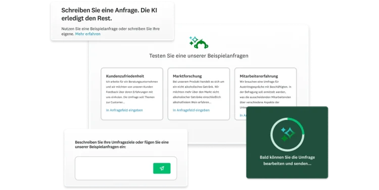 Screenshot verschiedener KI-Features von SurveyMonkey wie die Möglichkeit, eine Anfrage einzugeben und sich auf dieser Basis von KI eine hochwertige Umfrage erstellen zu lassen.