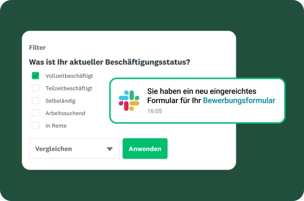 Eine Slack-Benachrichtigung, die eine neue Antwort auf ein Antragsformular mit einem Filter für den Beschäftigungsstatus anzeigt.