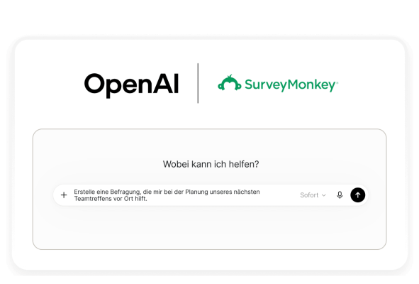 Logos von OpenAI und von SurveyMonkey über einer Chat-Anfrage zur Erstellung einer Meinungsumfrage für das nächste Teamtreffen vor Ort.