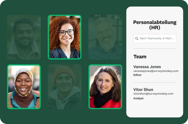 Collage mit sechs verschiedenen Headshots von Mitarbeitenden. Daneben ein Panel mit der Aufschrift „Personalabteilung (HR)“. Zwei Teammitglieder sind aufgelistet: Vanessa Jones und Vitor Shun.