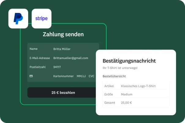 Fenster „Zahlung senden“, darüber die Logos von PayPal und Stripe sowie die Bestätigungsnachricht „Ihr T-Shirt ist unterwegs!“