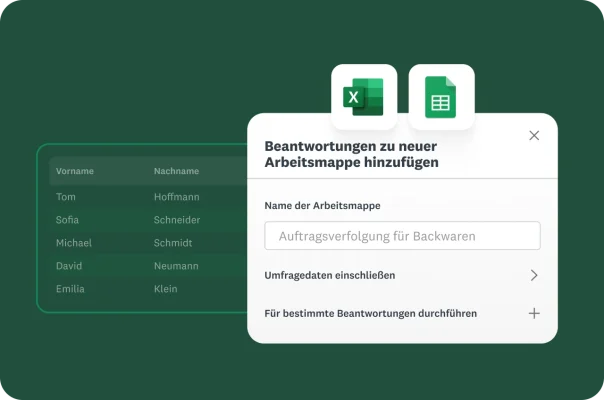 Datenexport-Fenster für Export in Excel und Google Sheets