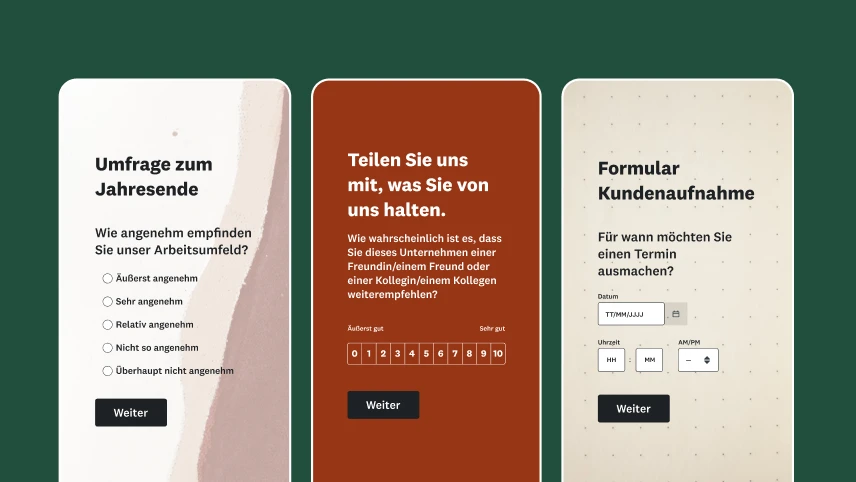 Screenshots von drei unterschiedlichen Erhebungen auf Mobilgeräten