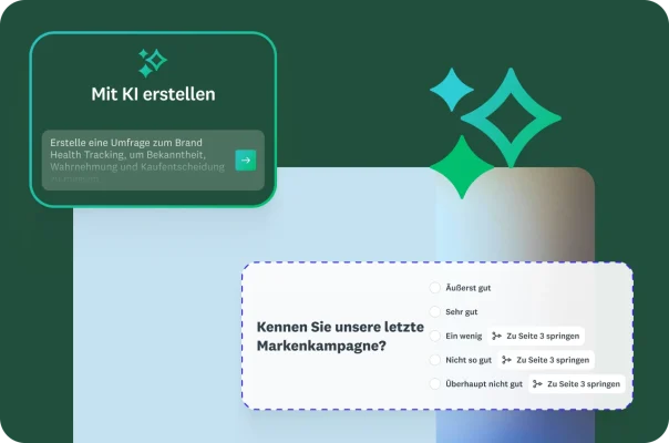 Anfrage im Rahmen des Features „Mit KI erstellen“ für eine Erhebung zum Brand Health Tracking, daneben eine Umfrage, in der nach der Bekanntheit der aktuellen Markenkampagne gefragt wird