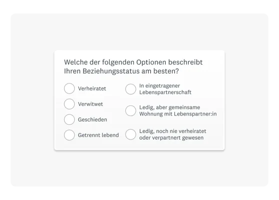 Demografische Frage, die nach dem aktuellen Beziehungsstatus fragt