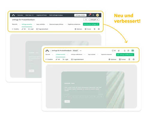 Zwei Screenshots von SurveyMonkey, die die neuen Verbesserungen im Vergleich zwischen der alten und der neuen Navigation zeigen